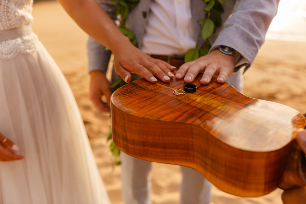 Close up of wedding rings during a Maui beach elopement