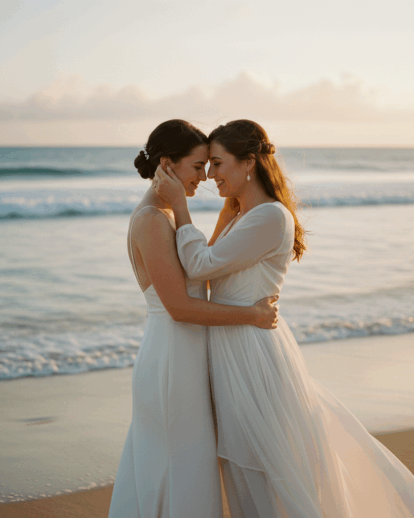 Intimate Maui beach sunset wedding with two brides in flowing white chiffon gowns, foreheads touching and smiling with pearl earrings, golden hour light over ocean waves and sandy shore, romantic 2026 elopement inspiration.
