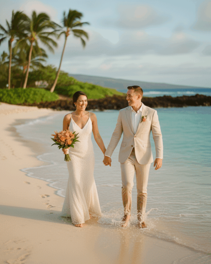 Playful Maui beach sunset couple walking barefoot hand-in-hand, bride in lace long-sleeve gown and groom in pink suit leaving footprints in wet sand toward crashing waves, soft clouds and warm glow, top 2026 wedding location tip.