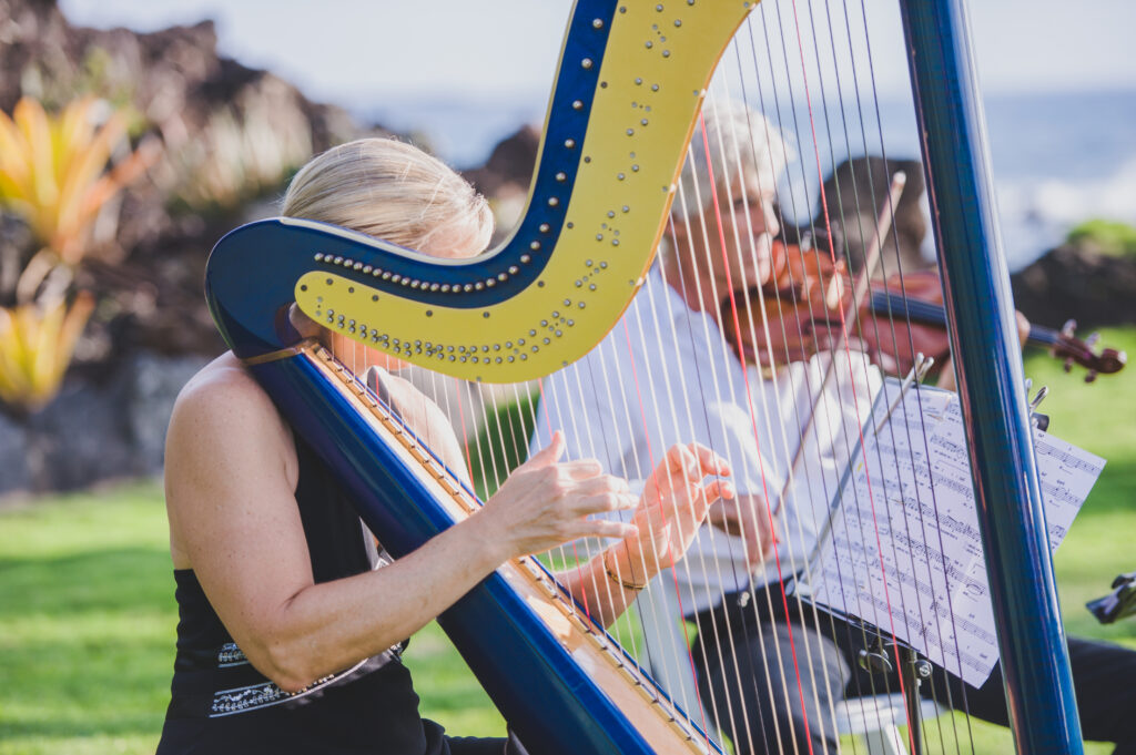 Harpist playing elegant melodies during an oceanside beach wedding ceremony.