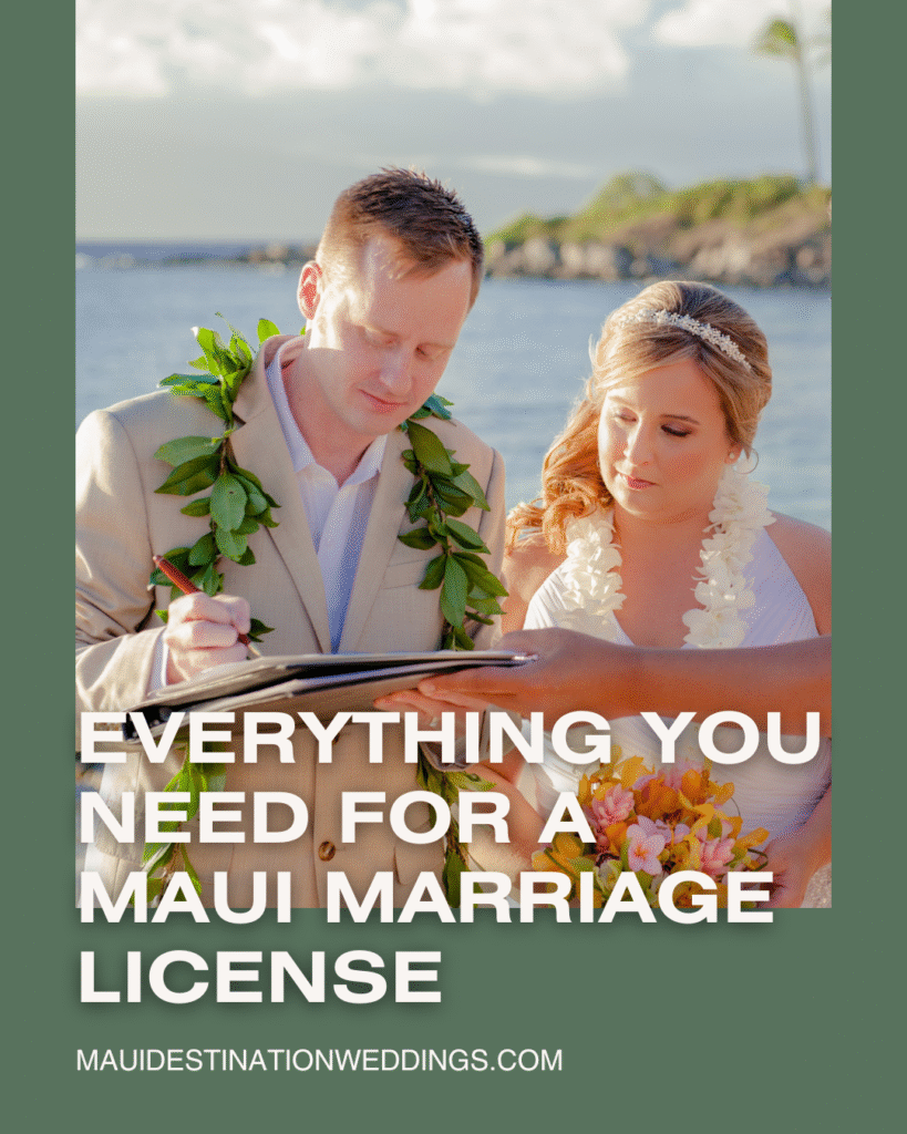 Couple signing Maui marriage license paperwork during Hawaii beach wedding ceremony