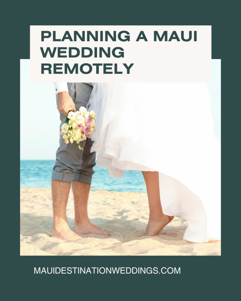Maui wedding remotely featuring a bride and groom standing barefoot on a Maui beach.