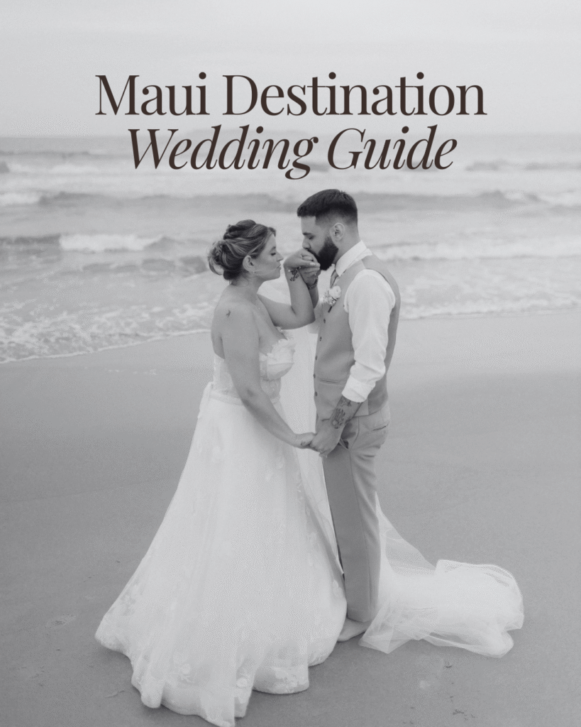Maui destination wedding guide featuring a couple holding hands on the beach after their Maui wedding ceremony.