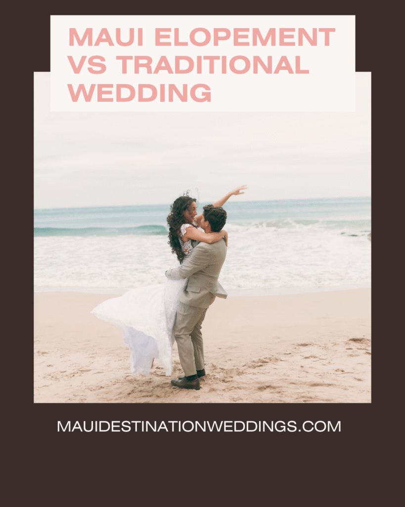 Couple embracing on a Maui beach during an intimate elopement ceremony with ocean views in the background