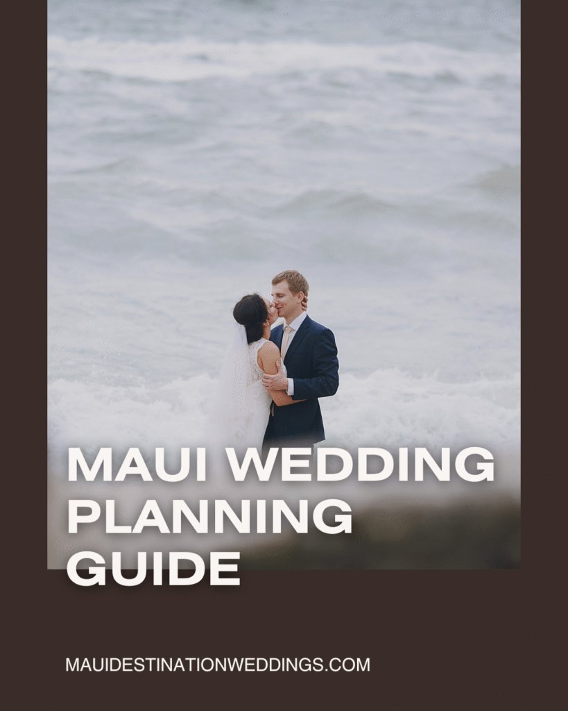 Maui wedding planning guide featuring a newlywed couple embracing along Maui's shoreline.