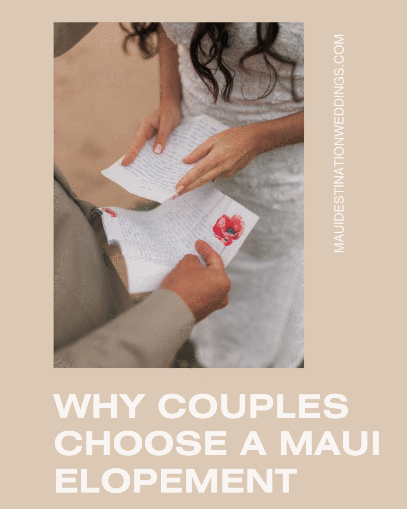 Couple reading handwritten vows during a personal Maui elopement ceremony by the beach