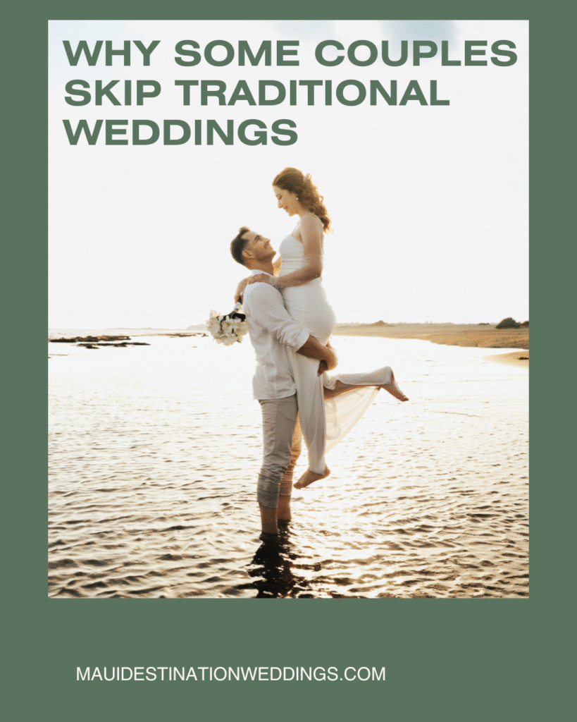 Couple celebrating together on a Maui beach after choosing an intimate wedding experience over a traditional wedding